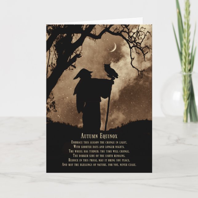 Tarjeta Bendiciones del Equinoccio de Otoño Mago y Búho (Anverso)