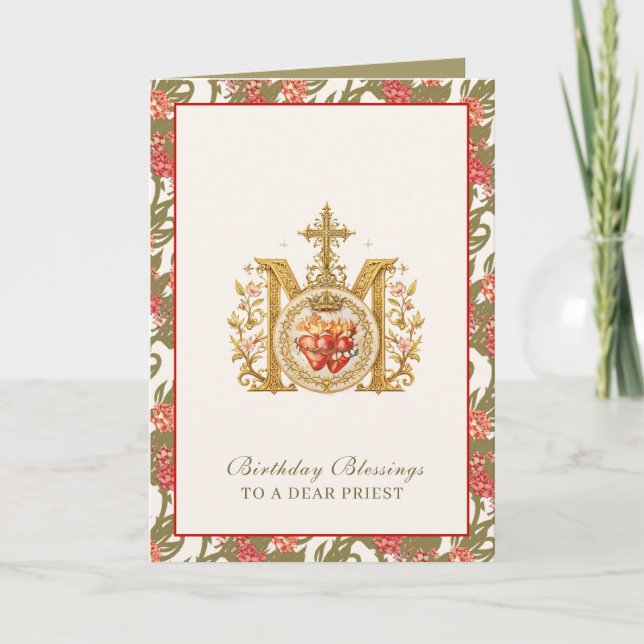 Tarjeta Bendiciones Florales Doradas Cumpleaños Sacerdote  (Anverso)