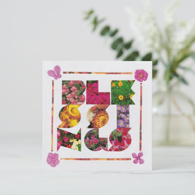 Tarjeta BENDICIONES Letras blancas y florales (Anverso de pie)
