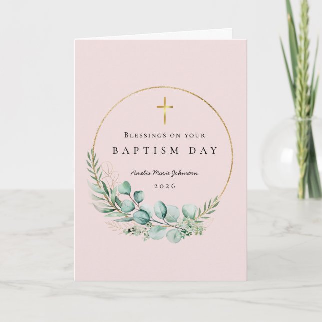 Tarjeta Bendiciones para Bautizo Botánico Rosa (Anverso)