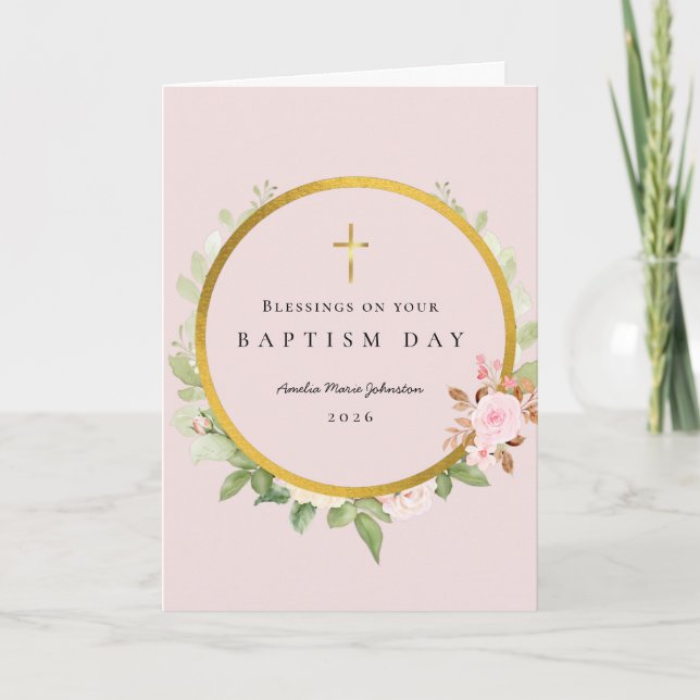 Tarjeta Bendiciones para Bautizo Botánico Rosa Dorado (Anverso)