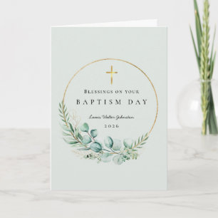 Tarjeta Bendiciones para el Bautizo Verde Salvia Botánico