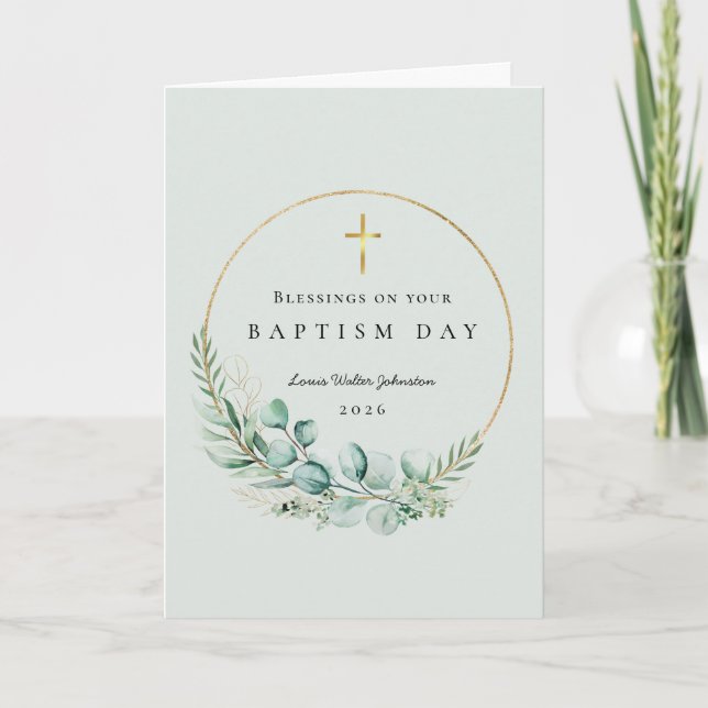 Tarjeta Bendiciones para el Bautizo Verde Salvia Botánico (Anverso)