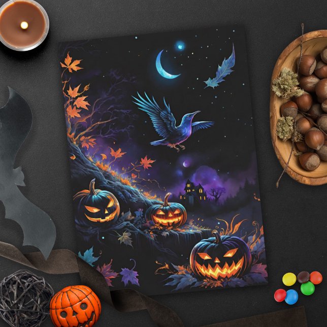 Tarjeta Bendita Samhain Crow & Pumpkins Halloween Night (Blessed Samhain Crow & Pumpkins Halloween Night Greeting Card)