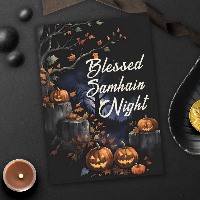Tarjeta Bendita Samhain Night Fall Leaves & Pumpkins (Blessed Samhain Night Fall Leaves & Pumpkins Halloween Greeting Card)