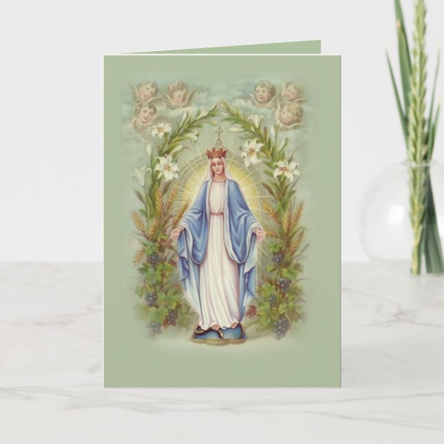 Tarjeta Bendita Virgen María Angels y Flores Católicas (Anverso)