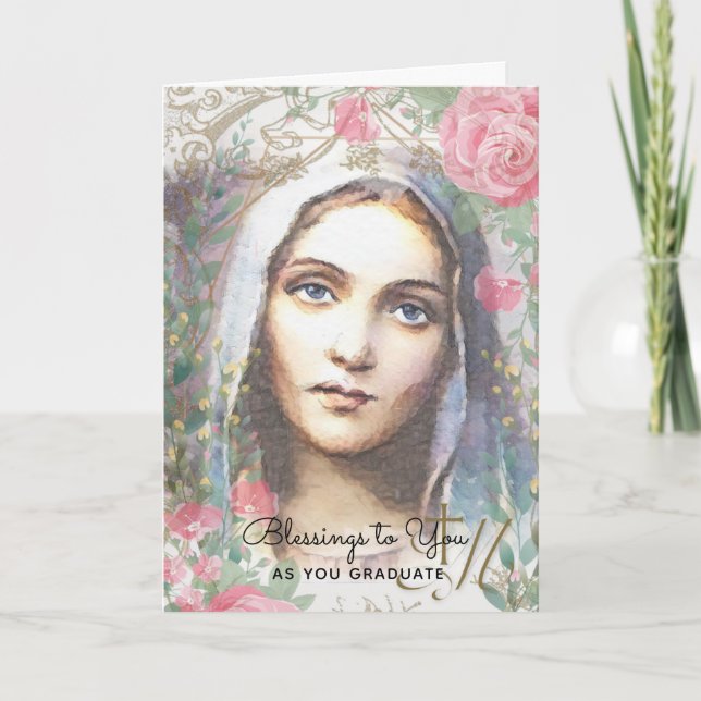 Tarjeta Bendita Virgen María Graduación Religiosa Floral  (Anverso)
