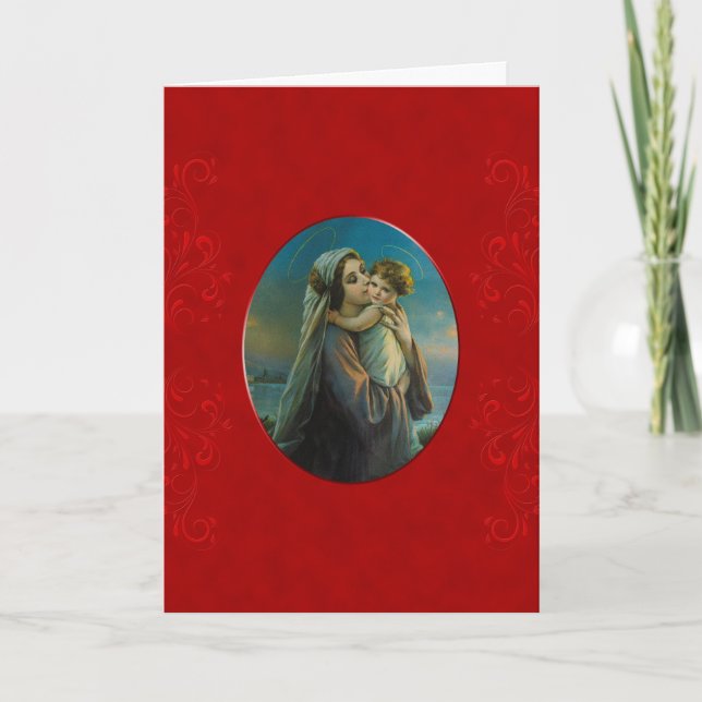 Tarjeta Bendita Virgen María Niño Jesús En Terciopelo Rojo (Anverso)