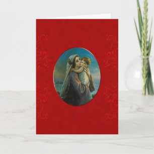 Tarjeta Bendita Virgen María Niño Jesús En Terciopelo Rojo