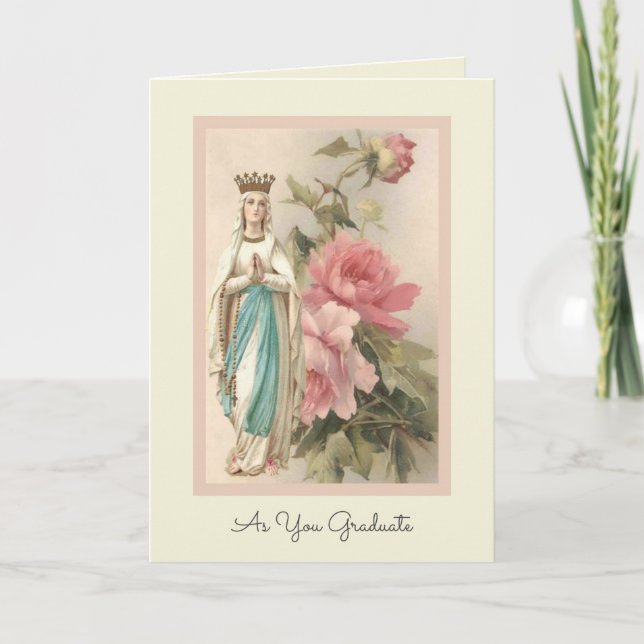 Tarjeta Bendita Virgen María Pastel Rosas Graduación (Anverso)