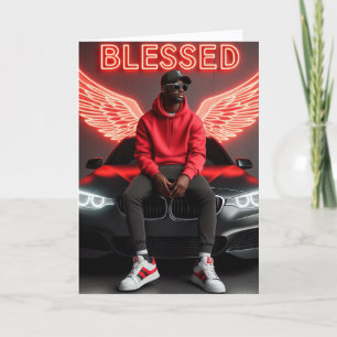 Tarjeta Bendito Black Man-Urban Neon Angel Wings Cumpleaño