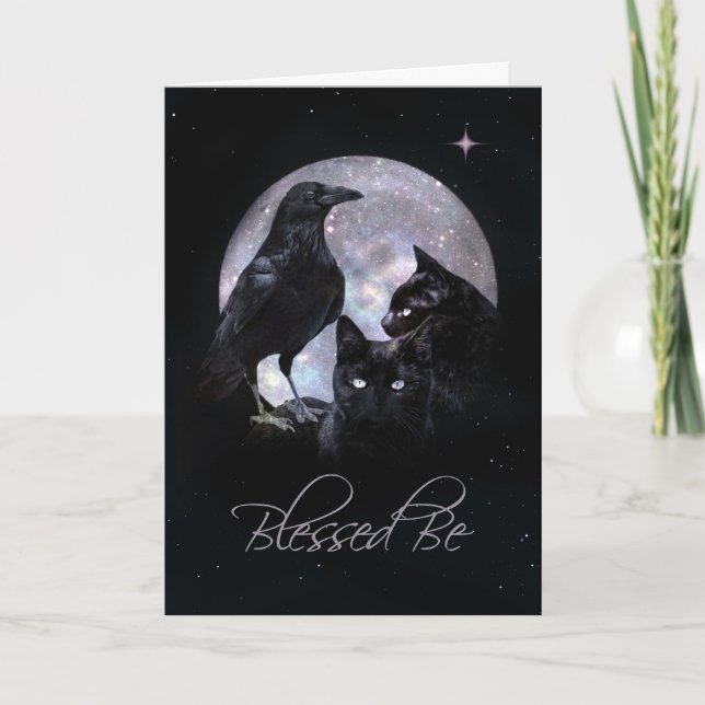 Tarjeta Bendito sea Raven y el gato negro Wicca cumpleaños (Anverso)