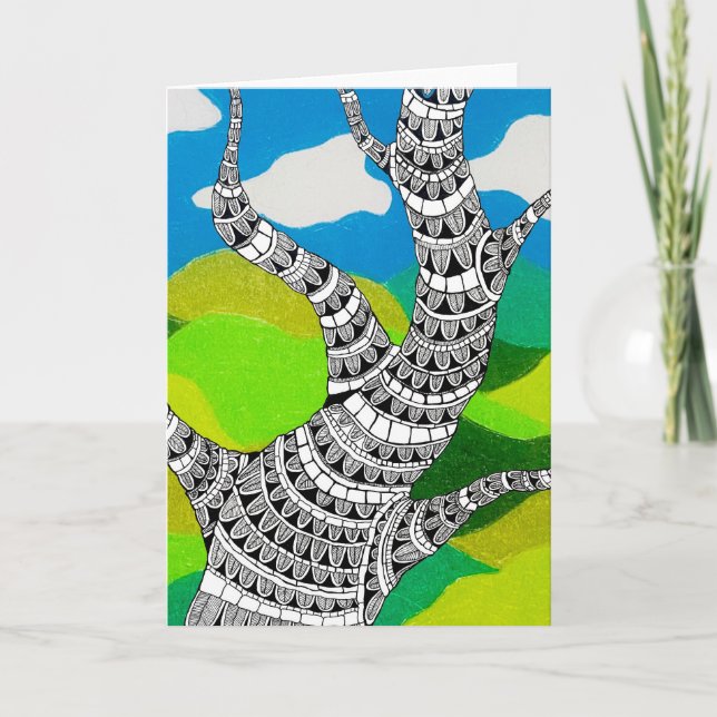 Tarjeta Bendy Tree Design Clouds Grassy Landscape Card (Anverso)
