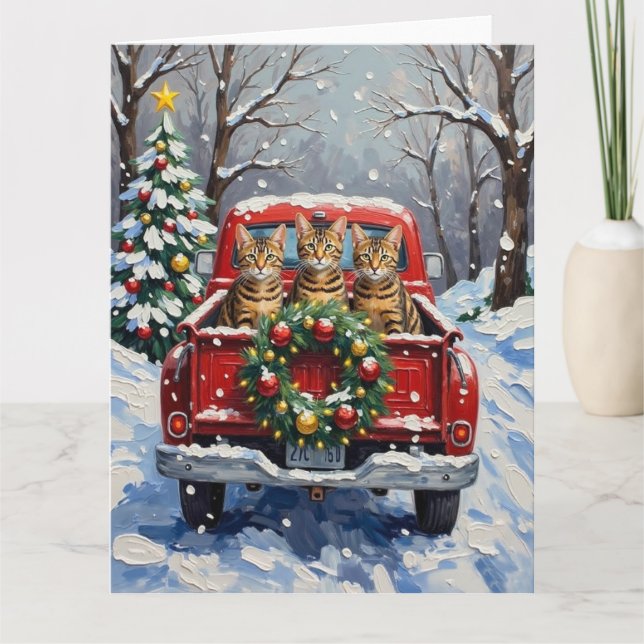 Tarjeta Bengal Cat Christmas Red Truck Holiday (Anverso)
