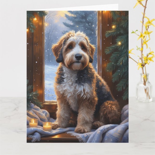 Tarjeta bernedoodle con festividades Navidades (flor amarilla)