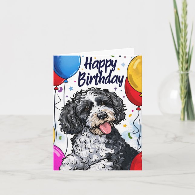 Tarjeta Bernedoodle con globos (Anverso)