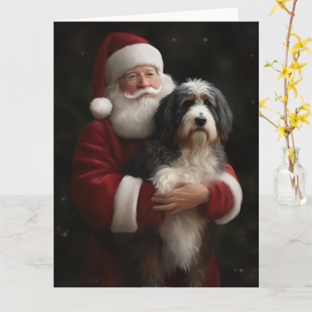 Tarjeta Bernedoodle con Navidades festivos de Santa Claus (flor amarilla)