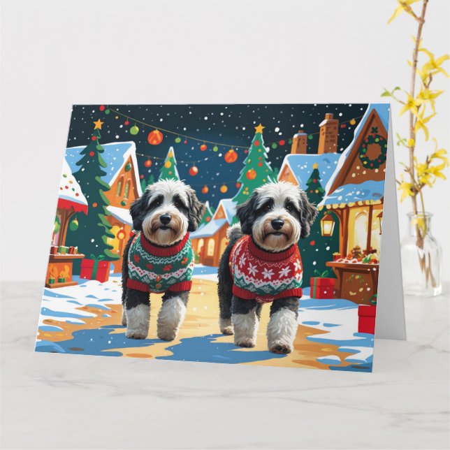Tarjeta Bernedoodle Dogs Navidades Vacaciones de nieve (flor amarilla)
