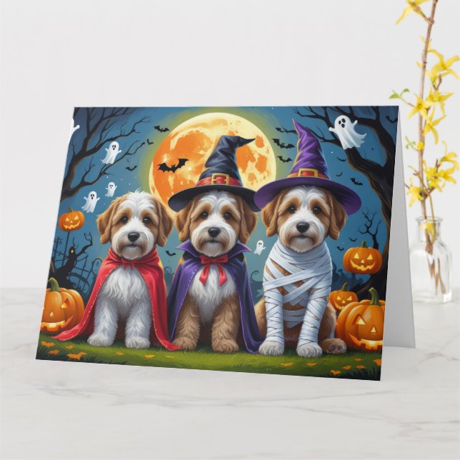 Tarjeta Bernedoodle Dogs Pumpkin Halloween Funny (flor amarilla)