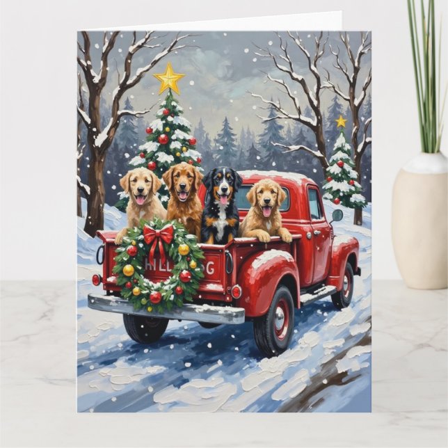 Tarjeta Bernedoodle Navidad Camioneta Roja Fiesta (Anverso)