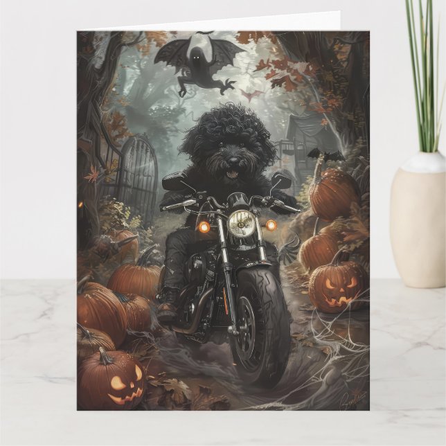 Tarjeta Bernedoodle Riding Motorcycle Halloween Scary (Anverso)