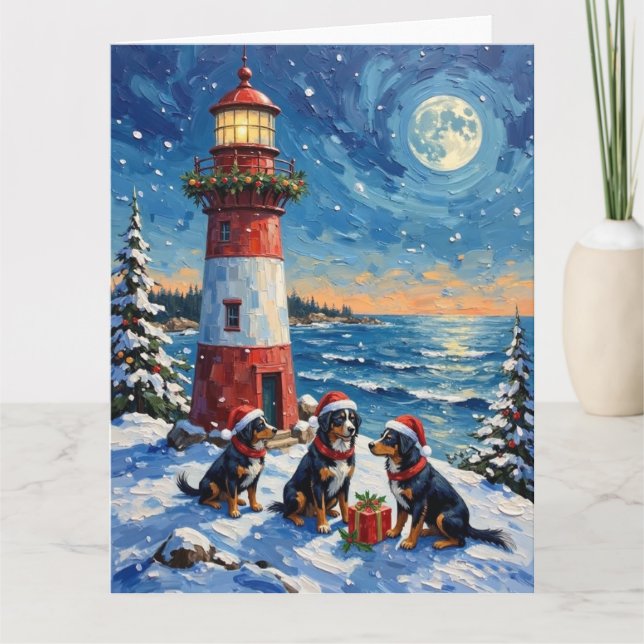 Tarjeta Bernese Mountain Dog Christmas Lighthouse Holiday (Anverso)