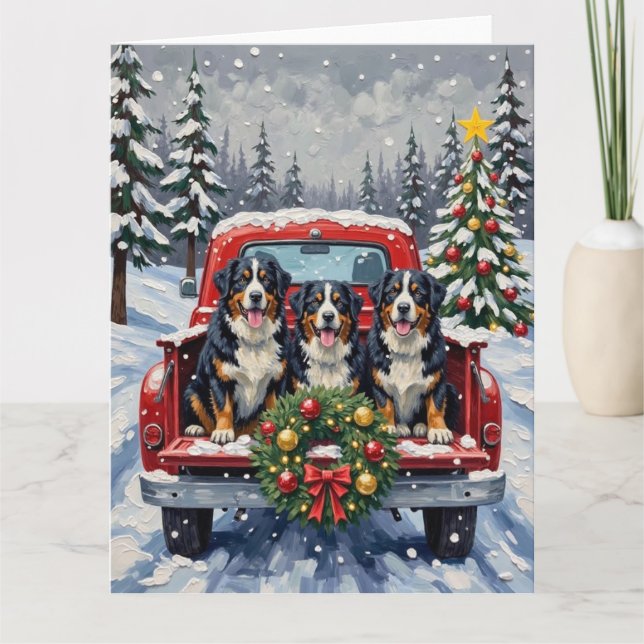 Tarjeta Bernese Mountain Dog Christmas Red Truck Holiday (Anverso)