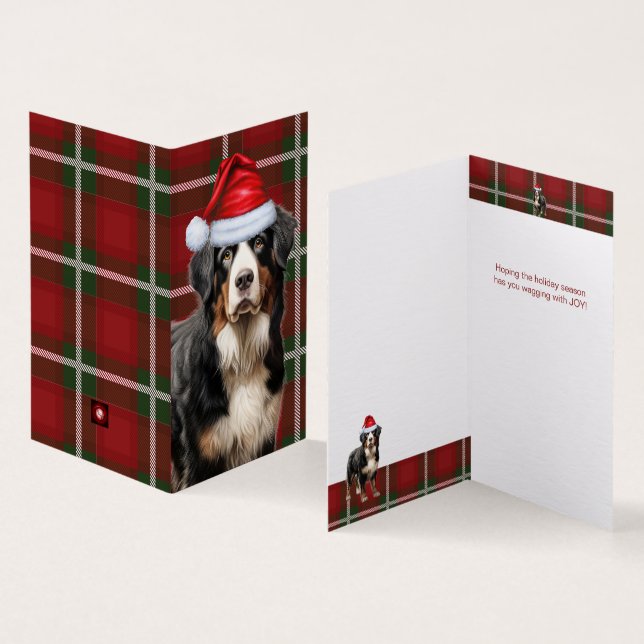 Tarjeta Bernese Mountain Dog Holiday Plaid Navidades Card (Interior y exterior)