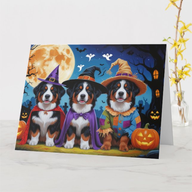 Tarjeta Bernese Mountain Dogs Pumpkin Halloween Funny (flor amarilla)