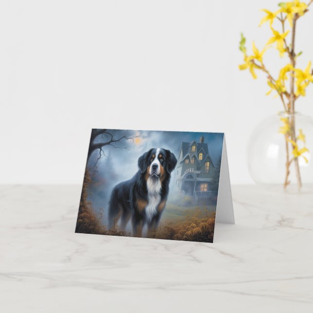 Tarjeta Bernese Mountain Halloween Scary (flor amarilla)