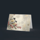 Tarjeta Berries rojos y copos de nieve con pollos<br><div class="desc">Descripción de las Berries Rojas y Copos de Nieve con Chickadees: Un diseño encantador con pollos encaramados en una rama verde eterna rodeada de bayas rojas y copos de nieve. El suave fondo gris le da un toque de época. Etiquetas: bayas rojas copas de nieve, diseño de garbanzos, invierno de...</div>