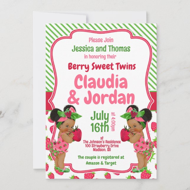 Tarjeta Berry Sweet Twins Strawberry Baby Shower (Anverso)