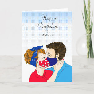 Tarjeta Besada de pareja retro con frascos en la cara del