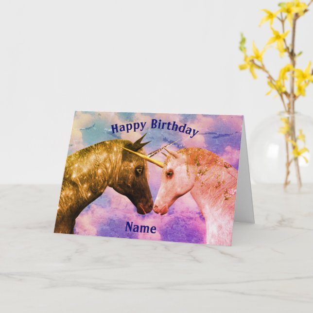 Tarjeta Besando Unicornios Fantasía Cumpleaños Personaliza (flor amarilla)