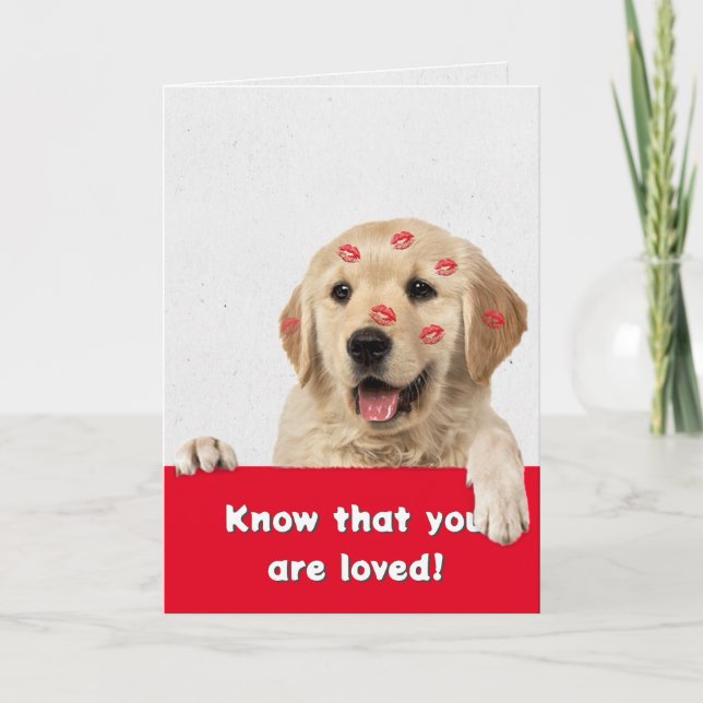 Tarjeta Besos de lápiz labial de Valentine Golden Retrieve (Anverso)