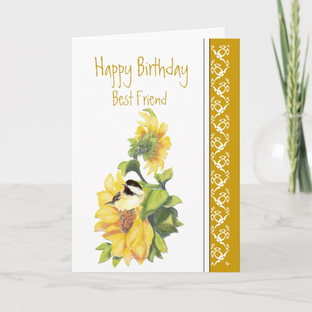 Tarjeta Best Friend Birthday Poem Chickadee & Sunflowers C (Anverso)