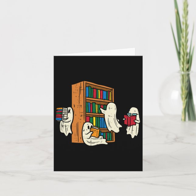 Tarjeta Bibliotecario Halloween B de docente que lee libro (Anverso)