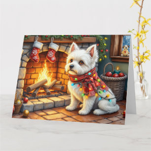 Tarjeta Bichon Frise Chimenea con Luces de Navidad