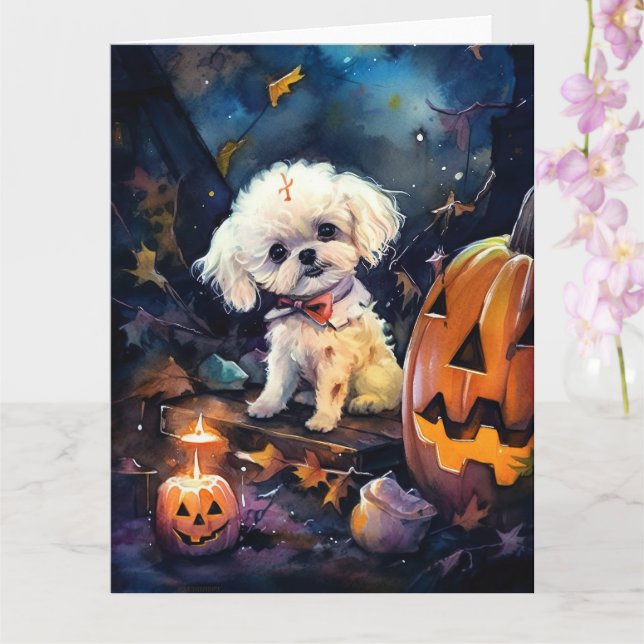 Tarjeta Bichon Frise de Halloween con calabazas aterrador (Orquídea)