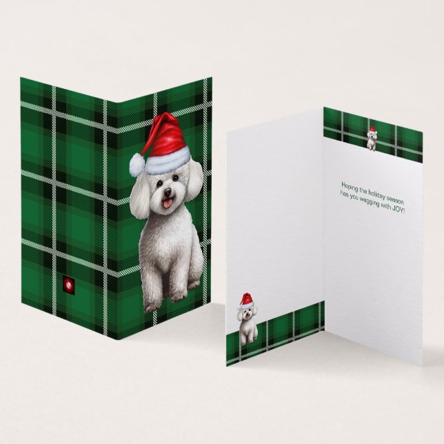 Tarjeta Bichon Frise Dog Holiday Green Plaid Navidades (Interior y exterior)