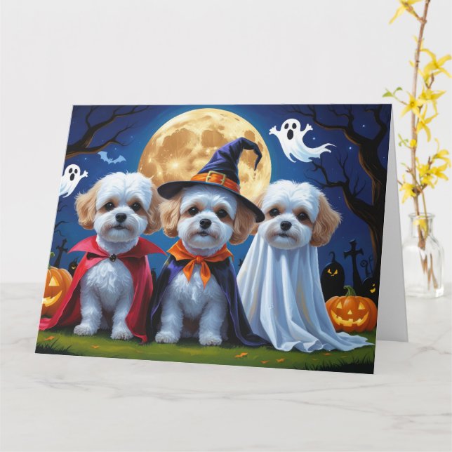 Tarjeta Bichon Frise Dogs Pumpkin Halloween Funny (flor amarilla)