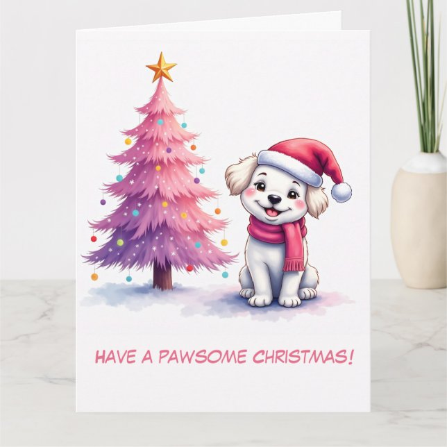 Tarjeta Bichon Frisé ilustrado en Sombrero Rosa (Anverso)