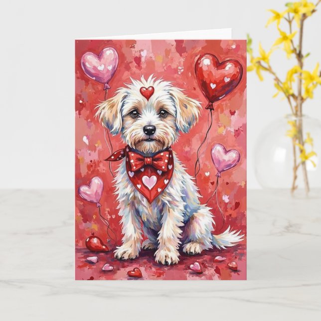 Tarjeta Bichon Frise Valentine’s Day Dog with Hearts Red (flor amarilla)