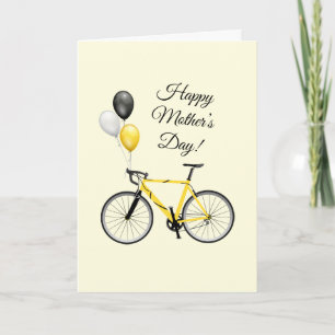 Tarjeta Bicicleta amarilla y globos Día de la Madre