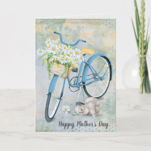 Tarjeta Bicicleta azul y gato del Día de la Madre