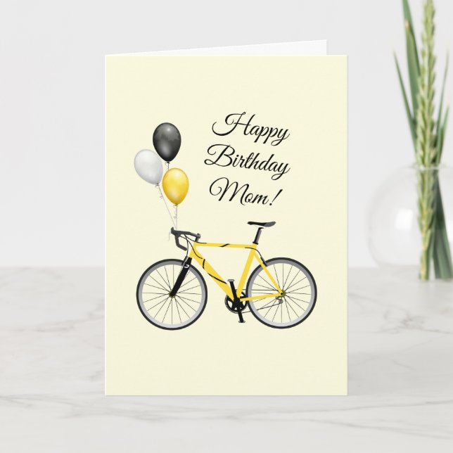 Tarjeta Bicicleta con globo de cumpleaños amarillo (Anverso)