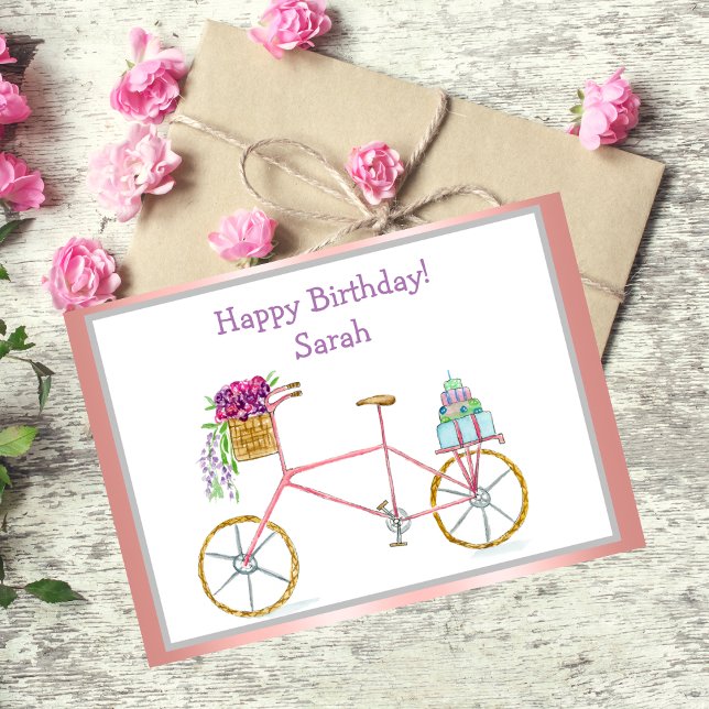 Tarjeta Bicicleta de cumpleaños con acuarela con flores y  (Whimsical delight: Bicycle, flowers, cake. Perfect for sending birthday cheer!)