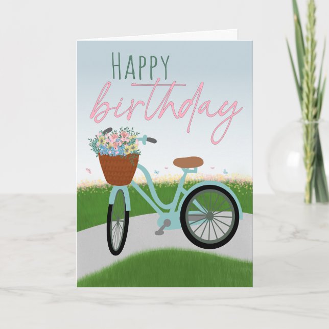 Tarjeta Bicicleta de cumpleaños con cesta llena de flores (Anverso)