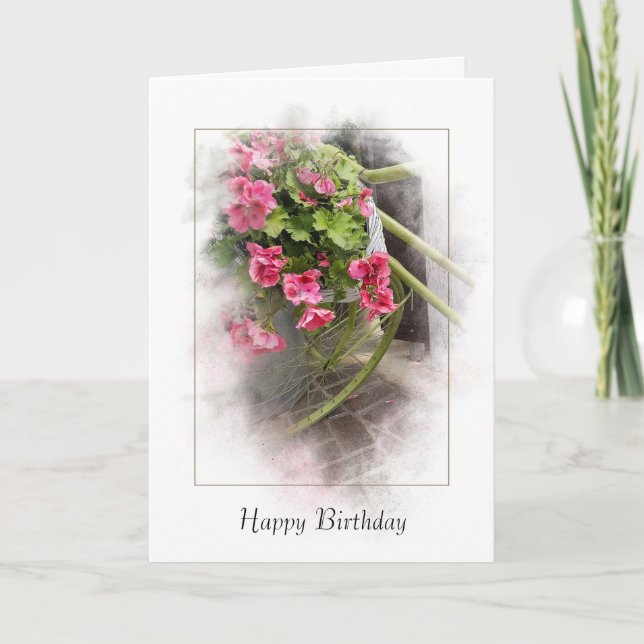Tarjeta Bicicleta de cumpleaños con geranios (Anverso)