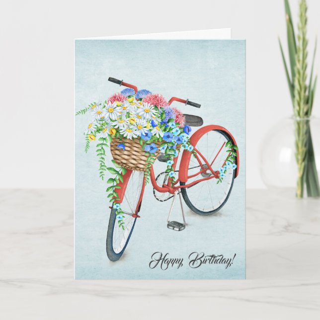 Tarjeta Bicicleta de cumpleaños con ramo de flores (Anverso)